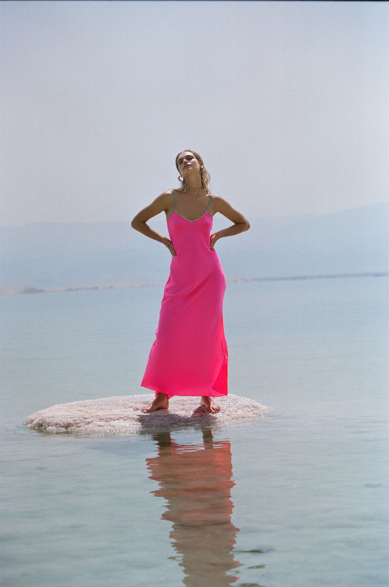 Acid Pink Lace-Trim Maxi Slip Dress