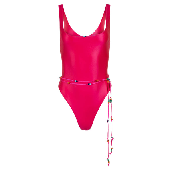 Acid Pink One-Piece Swimsuit with Beaded Belt