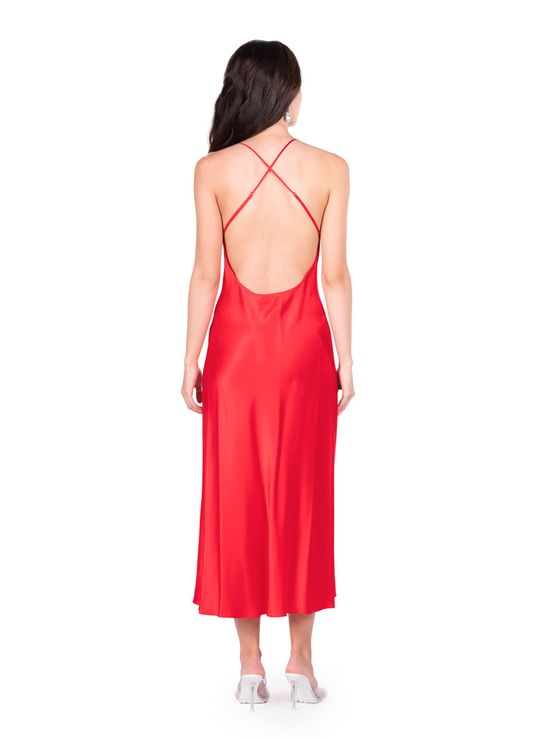 Crimson Red Open Back Cross Strap Midi Slip Dress