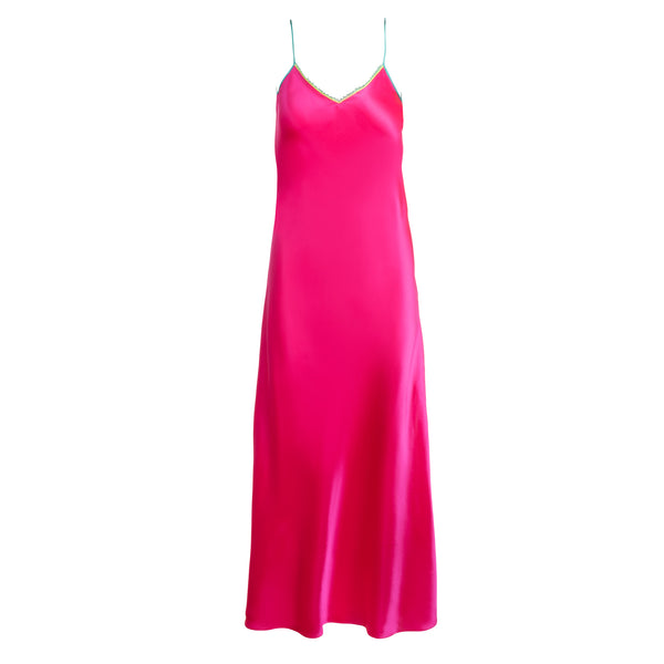 Acid Pink Lace-Trim Maxi Slip Dress