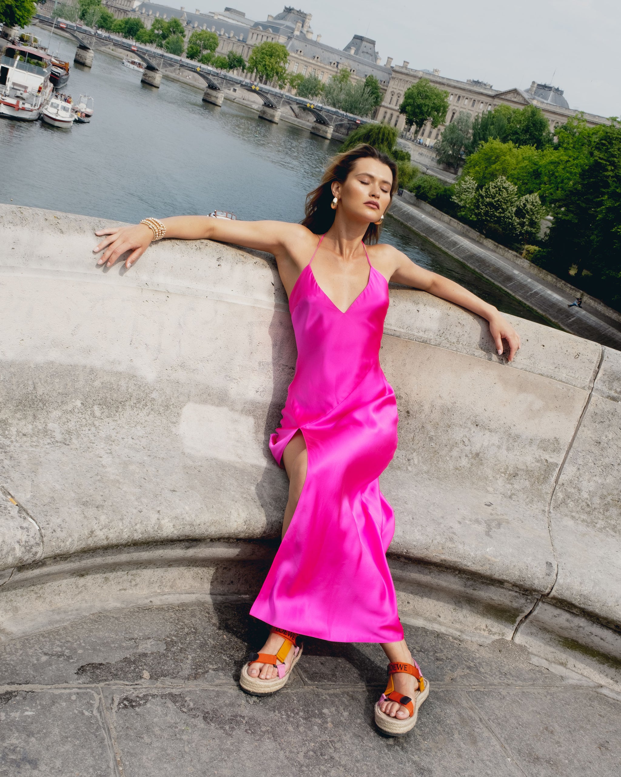 Hot Fuchsia High Slit Deep V Halter Maxi | Dannijo Hot Fuchsia High Slit Deep V Halter Maxi | Dannijo
