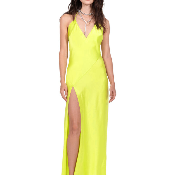 Phases of Summer Chartreuse Ruffled Halter Maxi Dress