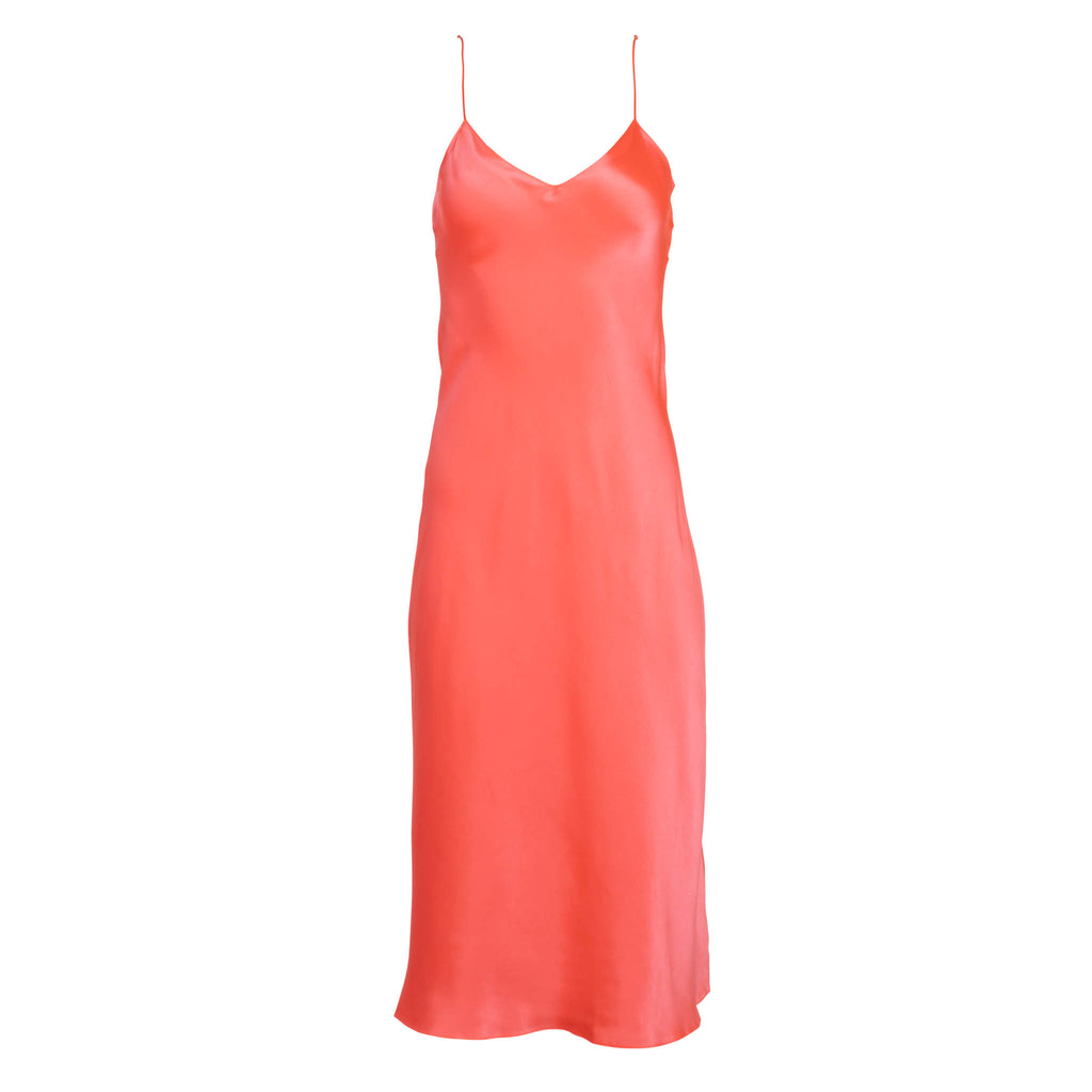 silk slip dress coral under $500 Neon Coral Midi Slip Dress