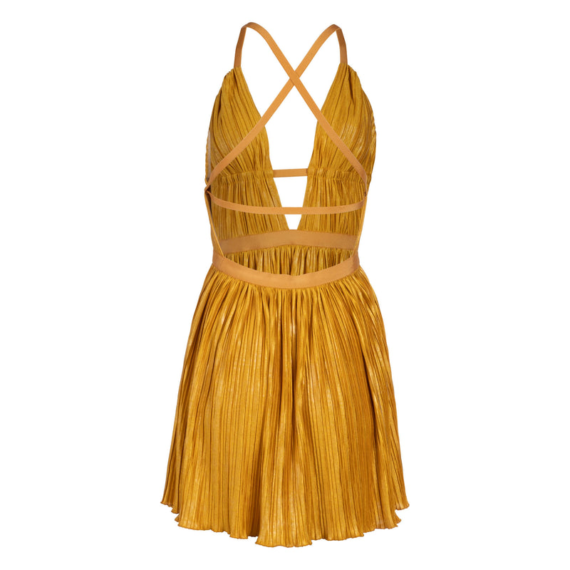 Pleated Gold Coast Plunge Neck Mini Dress