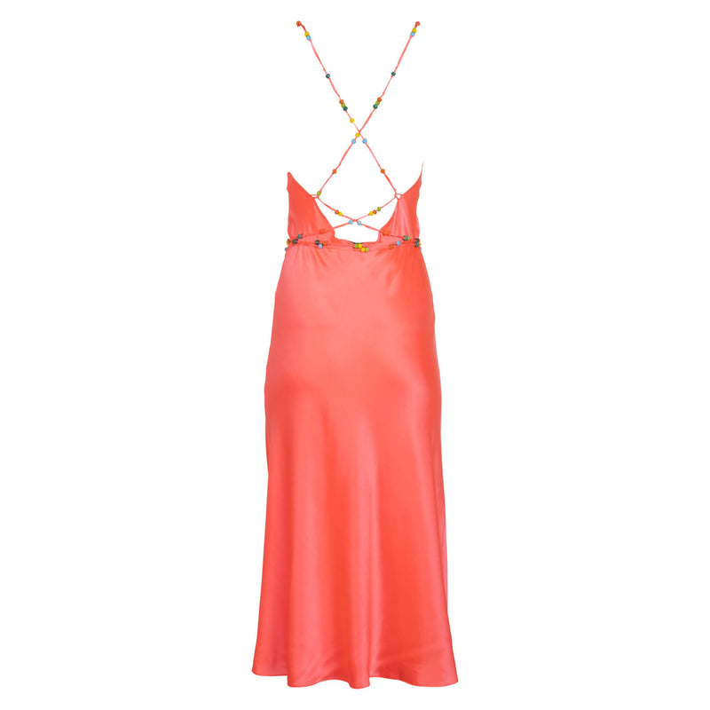 Neon Coral Beaded Strap Midi Slip Dress