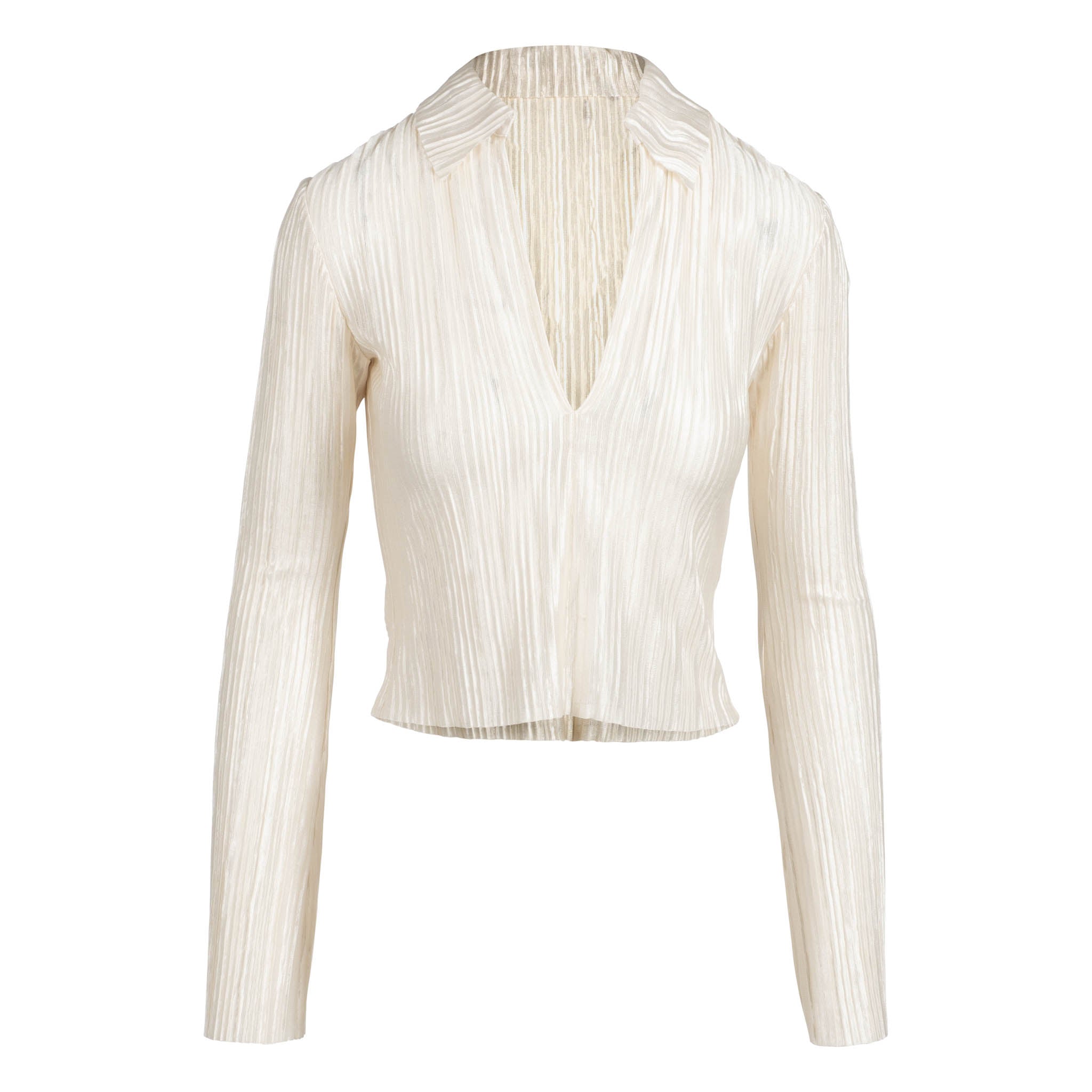 Pearl White Long Sleeve Pleated Polo Top
