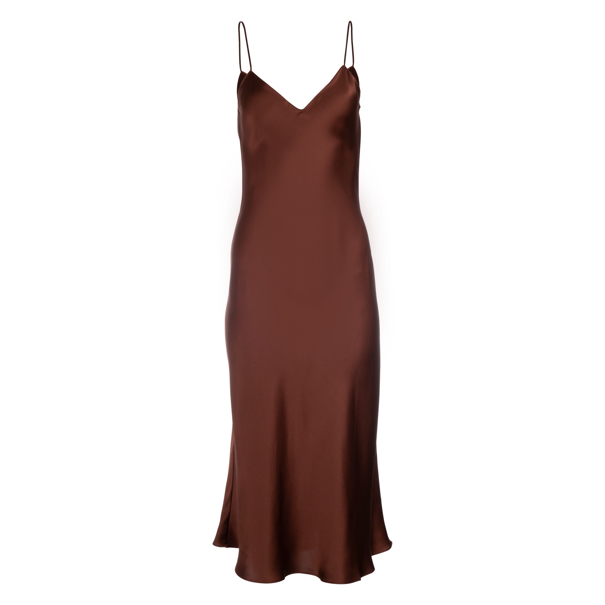 Long Sleeve Satin Slip Dress in Cocoa Brown