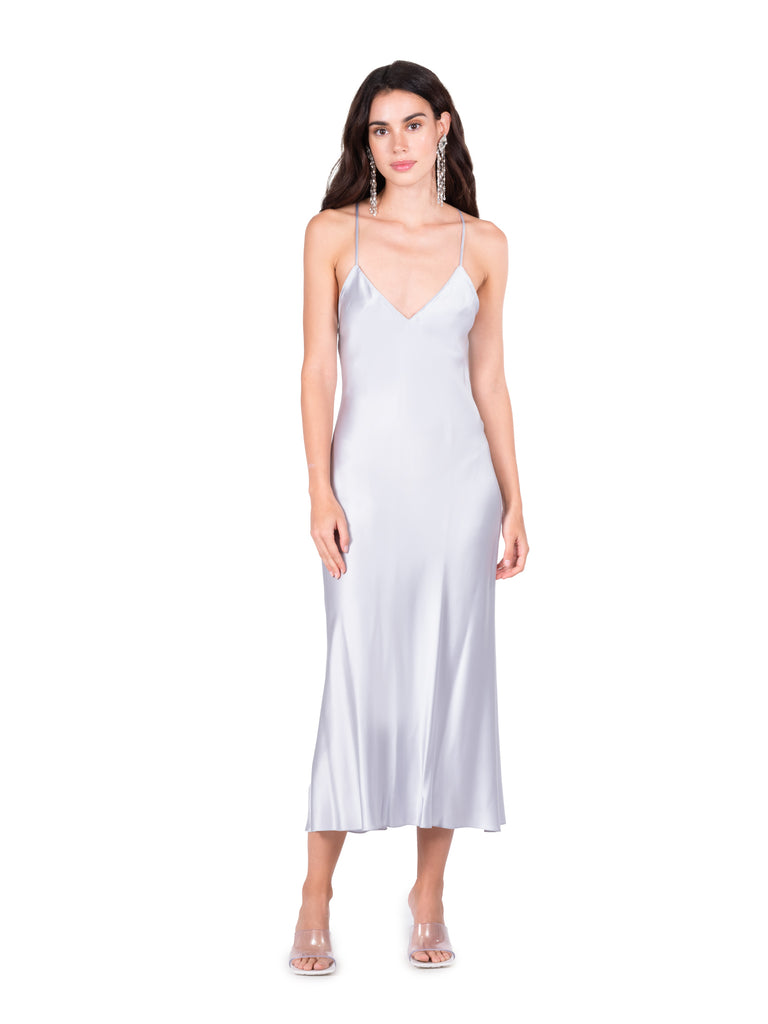 silver silk slip dress Light Silver Silk Satin Maxi Length Slip Dress With a Long Side Slit, Gray, Adjustable Spaghetti Straps, Grey Bias Cut Camisole Silky Dress