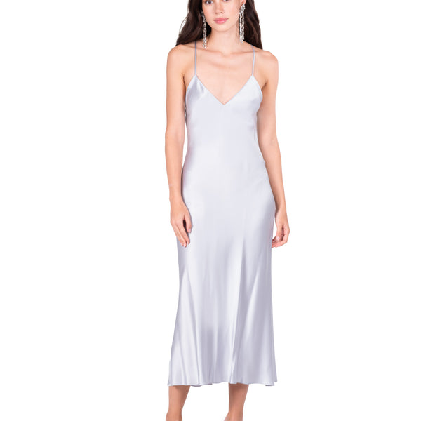 Silver Blue Open Back Cross Strap Midi Slip Dress | Dannijo Silver Blue Open Back Cross Strap Midi Slip Dress | Dannijo