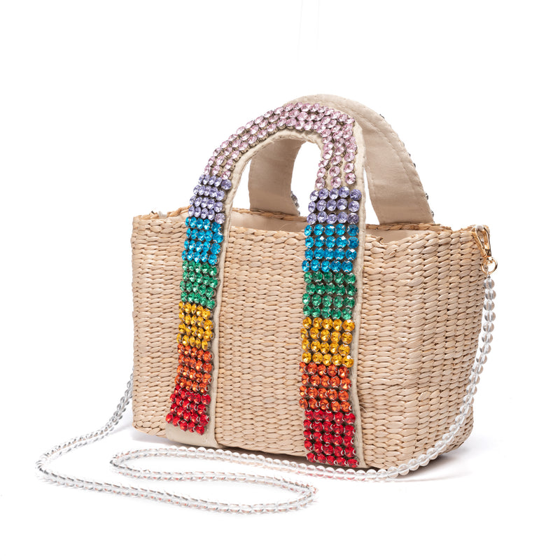 Multi-Colored Crystal Embellished Straw Bag