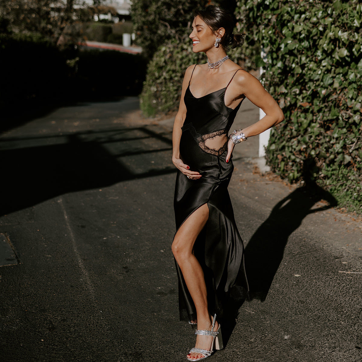 Satin Lace Black Silk Dress With Split Colette Black A-Line V-Neck Satin Lace Appliques Satin Lace Black Silk Dress With Split Colette Black A-Line V-Neck Satin Lace Appliques