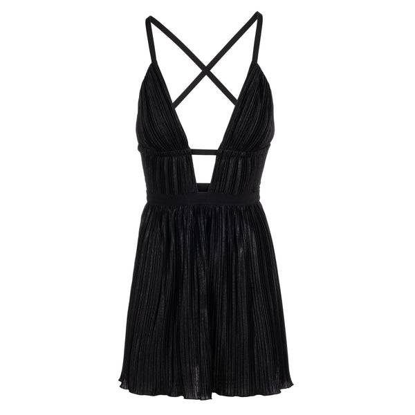 Pleated Noir Plunge Neck Mini Dress