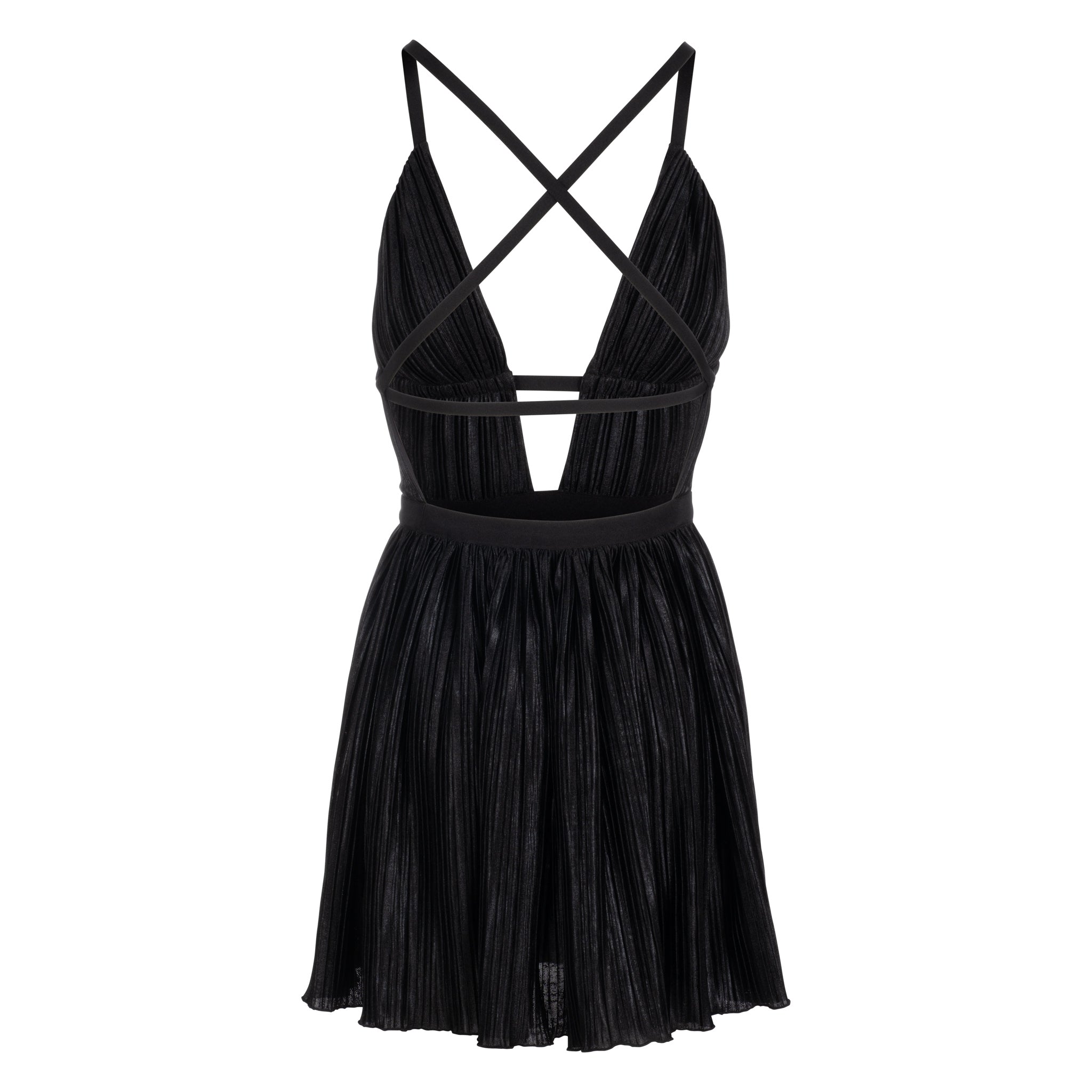 Pleated Noir Plunge Neck Mini Dress